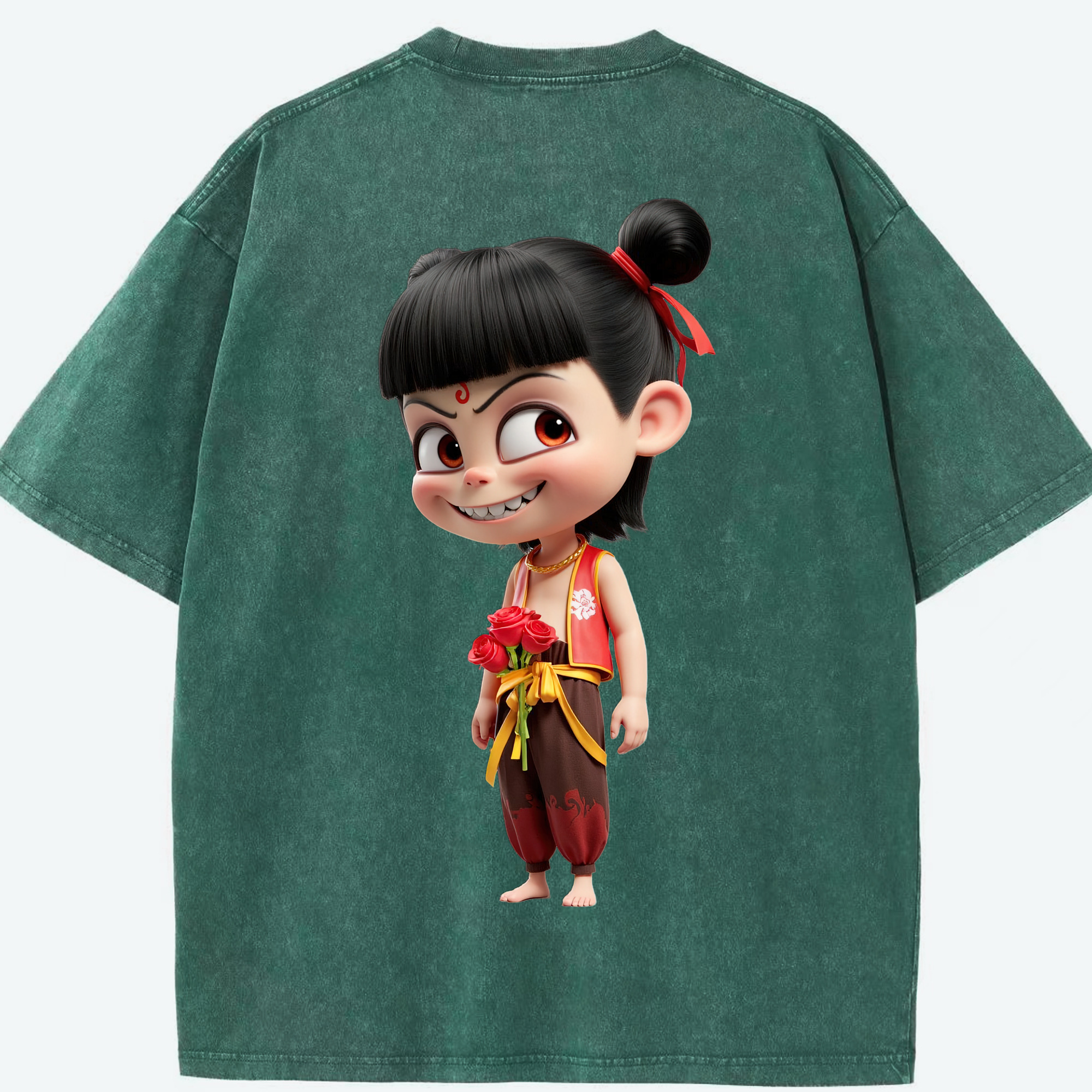 （画像用） Ne Zha 2 ナタ 魔童の大暴れ 綿100% ヴィンテージ風 半袖Tシャツ（背面プリント）